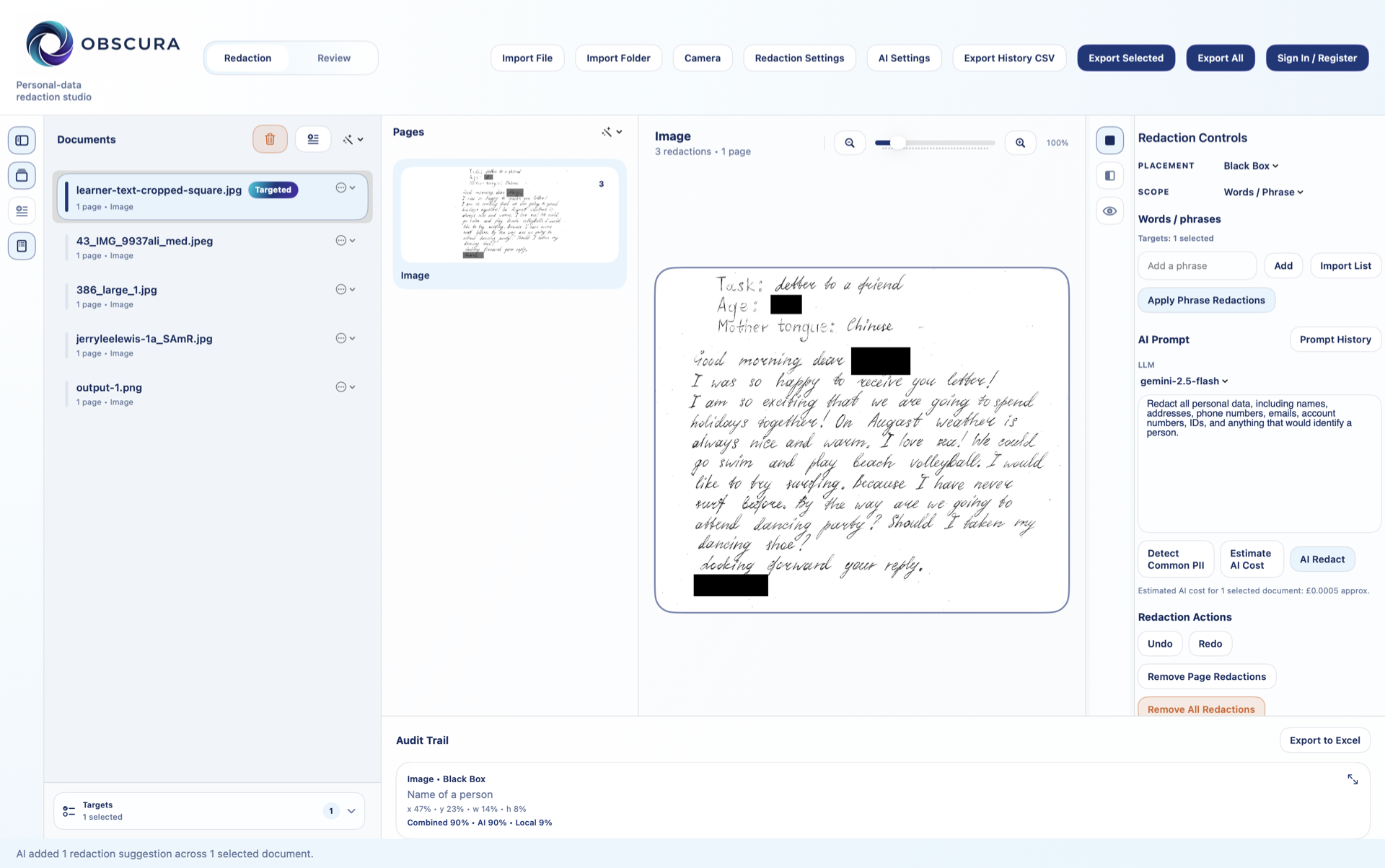 RedactAgent app workspace showing documents, page preview, redaction controls, review tools, and audit trail